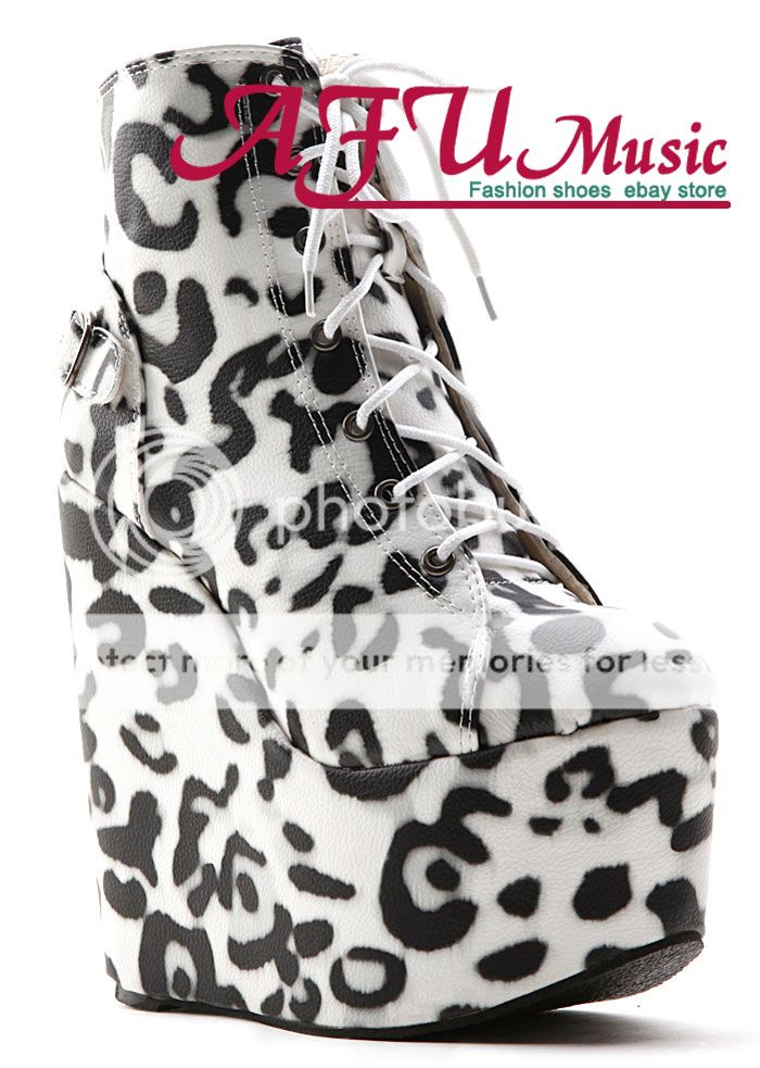  NEW Womens Leopard Wedge Platform Lace Up High Heel 