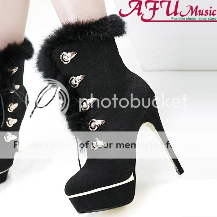 Womens Warm Fur Lace Up Rhinestone Platform Stiletto High Heels Over 